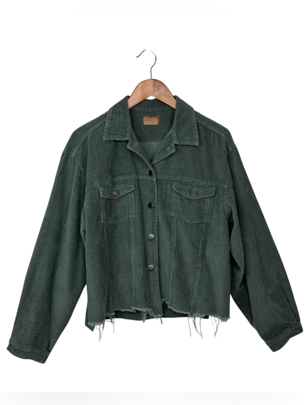 POL Clothing Frayed Hem Corduroy Trucker Green Forest Crop Jacket Sz L - Picture 2 of 14